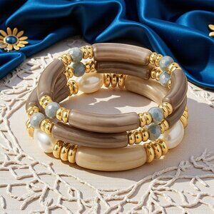🆕Stacked Acrylic Bracelets w/ Pearls Chunky Retro Y2K Look Boho Luxe Vibe